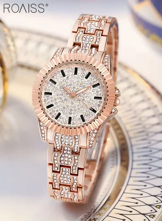 Women's Steel Strap Quartz Watch Analog Display Round Dial with Rhinestones Decoration Waterproof Luxurious Wristwatch as Gift for Women 