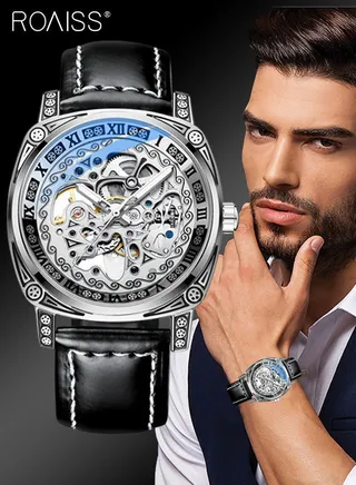 Men's Leather Strap Mechanical Watch, Analog Display Round Dial Watch with Carved Pattern Decoration, Waterproof Luminous Watch as Gift for Men, Silver 