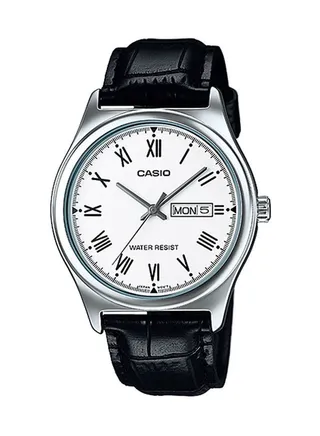 Men's Leather Analog Quartz Watch MTP-V006L-7BUDF - 38 mm - Black 