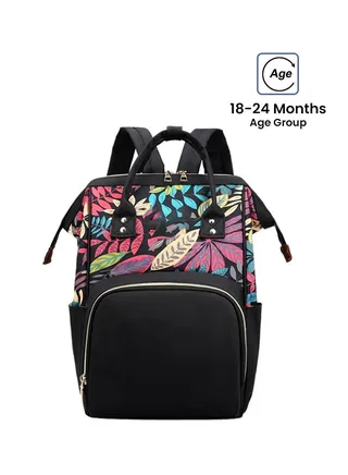 Multifunctional Large Capacity Leaf Printed Mommy Diaper Bag, 18-24 Months - Black 