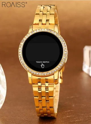 Women's Digital Touch Screen Watch Led Display Round Dial with Rhinestones Decorated Bezel Waterproof Luminous Stainless Steel Strap Wristwatch with Calendar Display, Gold 