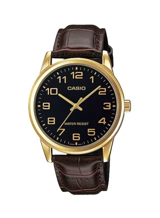 Men's Leather Analog Wrist Watch MTP-V001GL-1BUDF - 45 mm - Brown 