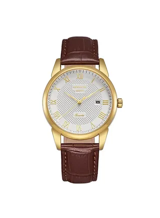 Men's Analog Round Shape Leather Wrist Watch K23030-GLDI - 40 Mm 