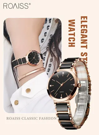 Women's Ceramic Strap Quartz Watch Analog Display Round Black Dial Decorated with Diamonds Waterproof Simple Stylish Wristwatch as Gift for Ladies 
