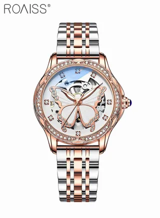 Women's Steel Strap Mechanical Watch Analog Display Round Dial Watch with Hollow Butterfly Pattern and Rhinestones Decoration Waterproof Luminous Watch as Gift for Ladies 