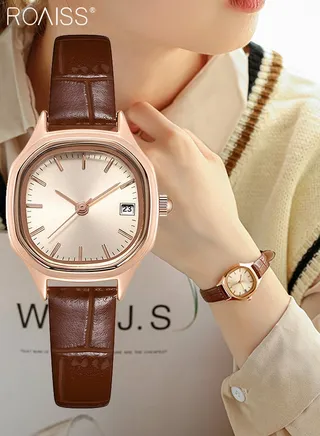Women's Leather Strap Quartz Watch Analog Display Square Gold Dial with Gold Bezel Waterproof Elegant Wristwatch as Gift for Ladies 