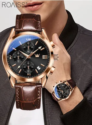 Men's Leather Strap Chronograph Quartz Watch Round Black Dial with Rose Gold Bezel Waterproof Luminous Wristwatch as Gift for Men 