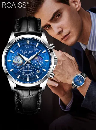 Men's Leather Strap Chronograph Quartz Watch Round Blue Luminous Starry Sky Dial Waterproof Wristwatch with Moon Phase and Calendar Display as Gift for Men 