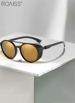 Men's Polarized Round Sunglasses UV400 Protection Sun Glasses with PC Frame Fashion Anti-Glare Sun Shades for Men Driving Fishing Traveling Cycling with Gold Lens 