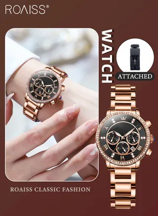 Women's Steel Strap Chronograph Quartz Watch Round Dial with Diamonds Decoration and Date Display Waterproof Luxurious Luminous Wristwatch as Gift for Ladies 