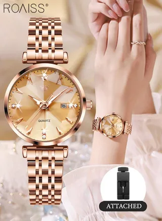 Women's Steel Strap Quartz Watch Analog Display Round Gold Dial with Diamond Cut Mirror Waterproof Luminous Wristwatch as Gift for Ladies 
