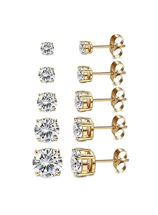 Women's 18K Gold Plated CZ Stud Earrings Simulated Diamond Round Cubic Zirconia Ear Stud Set?5 Pairs) 