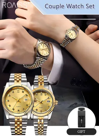 Stainless Steel Strap Couple Quartz Watch Set, Analog Display Round Dial with Rhinestones Decoration, Luxurious Luminous Waterproof Calendar Watch Gift for Men Women, Gold Silver 