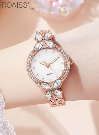 Women's Steel Strap Quartz Watch, Analog Display Round Dial Watch with Petal Shaped Rhinestones Decoration, Waterproof Elegant Watch as Gift for Women 