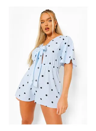 Polka Dot V Neck Tie Front Playsuit 