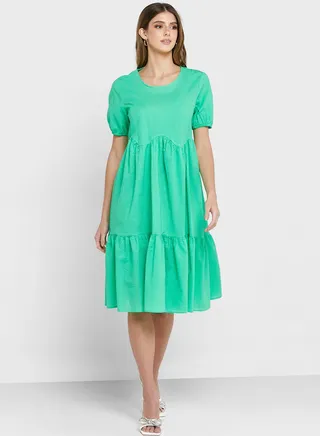 Solid Puff Sleeve Dress 
