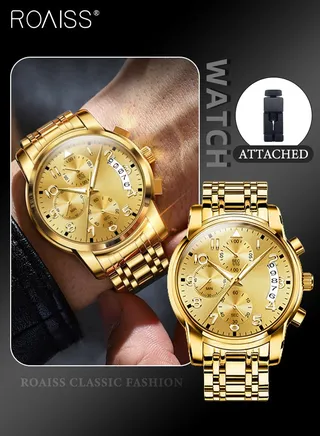 Men's Stainless Steel Strap Chronograph Quartz Watch Round Gold Dial with Chronograph Subdials Waterproof Luminous Wristwatch as Gift for Men 