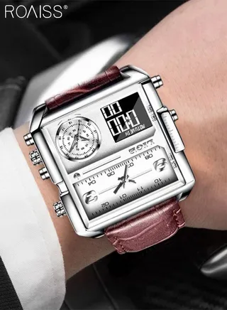 Mens Leather Strap Digital Quartz Watch Analog Digital Display Square Silver Dial Waterproof Luminous Watches 