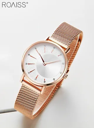 Women's Mesh Strap Quartz Watch, Analog Display Round White Dial Watch with Rhinestones Decoration, Waterproof Elegant Watch as Gift for Women 
