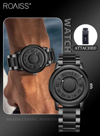 Men's Mirrorless Quartz Watch, Magnetic Bead Display Round Dial Waterproof Wristwatch with Stainless Steel Band, Stylish Gift Option for Men 