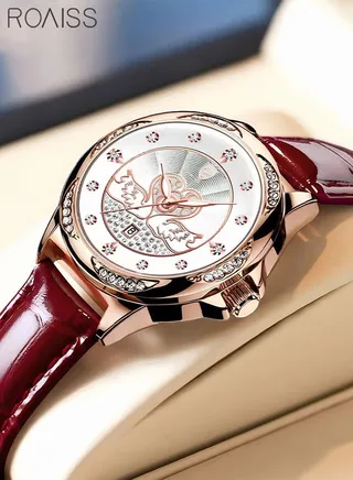 Women's Leather Strap Quartz Watch Analog Display Round Dial with Rhinestones and Swan Pattern Decoration Waterproof Elegant Wristwatch as Gift for Ladies 