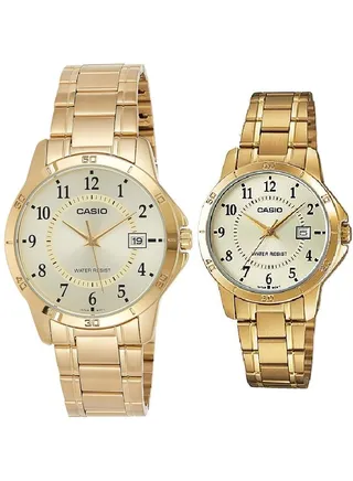 Standard Gold Tone Stainless Steel Gold Dial With Date Couple Watch MTP/LTP-V004G-9B 