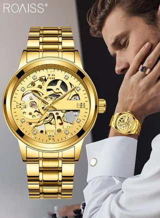 Men's Stainless Steel Strap Mechanical Watch Analog Display Round Gold Dial with Hollow Pattern Decoration Waterproof Luminous Wristwatch as Gift for Men 