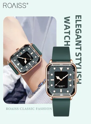 Women's Silicone Strap Quartz Watch, Analog Display Rectangle Dial with Calendar, Luminous Waterproof Luxurious Wristwatch as Gift for Ladies 