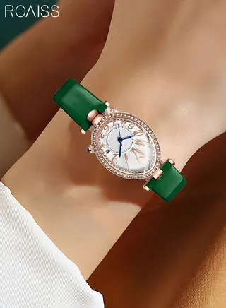 Women's Leather Strap Quartz Watch Analog Display Oval Dial Watch with Rhinestone Decoration and Green Band Waterproof Elegant Gift for Ladies 