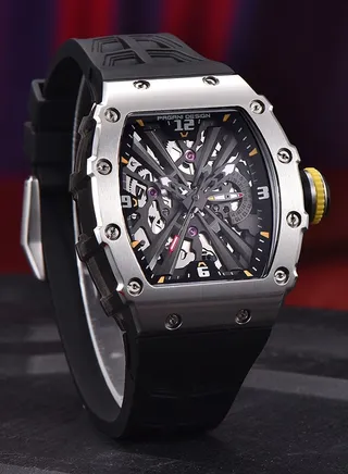 Men's Fashion Watch Japan VH65 Quartz Movement Stainless Steel Skeleton Tonneau Dial Rubber Strap Waterproof Luminous Sports Wristwatches 