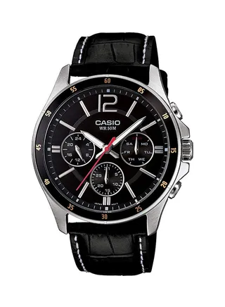 Men's Leather Analog Quartz Watch MTP-1374L-1AVDF - 44 mm - Black 