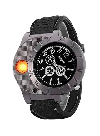 Men's Leather Analog Watch With Electronic Lighter f665 