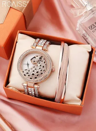 Women's Alloy Strap Bracelet Watch Analog Display Round Dial Quartz Watch with Leopard Head Pattern Decorated with Rhinestones 2 Pieces Luxurious Watch Set as Gift for Women, Rose Gold 