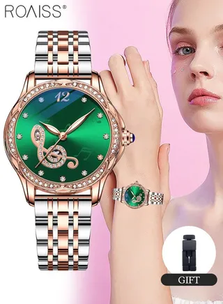 Women's Stainless Steel Strap Mechanical Watch Analog Display Round Green Dial Watch with Rhinestones Decoration Waterproof Luminous Luxurious Watch as Gift for Ladies 