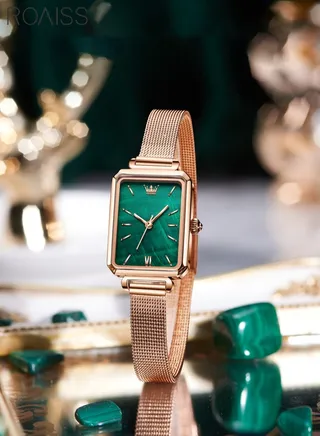 Women's Mesh Steel Strap Quartz Watch Analog Display Rectangle Green Dial Casual Watch 