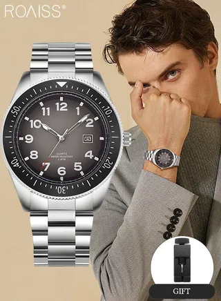 Men's Stainless Steel Strap Quartz Watch Analog Display Round Grey Dial with Rotating Gear Bezel Design Waterproof Luminous Wristwatch as Gift for Men 