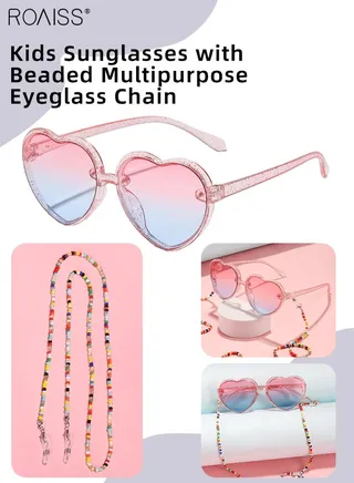 Heart Shaped Sunglasses for Kids with Colorful Beaded Glasses Chain, UV400 Protection Cute Beach Holiday Sun Glasses with Lightweight Frame for Boys Girls and Children Age 3-12, Transparent Pink 