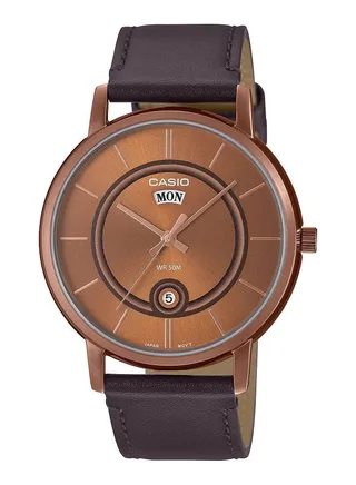 Men Watch Analog Rose Gold Dial Genuine Leather Band Rose Gold Ion Plated Case MTP-B120RL-5AVDF 