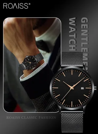 Men's Mesh Strap Quartz Watch Analog Display Round Black Dial with Date Display Waterproof Business Wristwatch as Gift for Men 