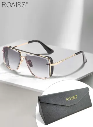 Modern Square Sunglasses for Men Women, UV400 Protection Sun Glasses with Gold Metal Frame, Fashion Anti-Glare Sun Shades for Driving, Fishing, Traveling, Grey Lens 