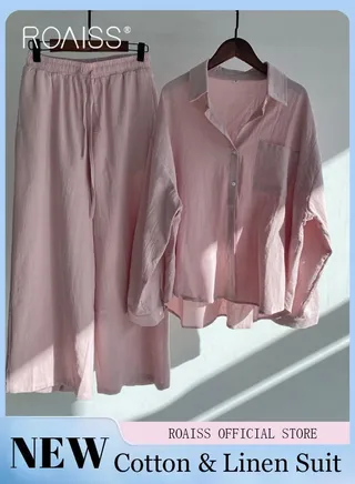 Ladies 2 Piece Set New Trend Fashion Cotton Linen Shirt Suit Loose Pants Summer Spring Clothes for Women Breathable and Cool Long-Sleeve Lapel Shirt 