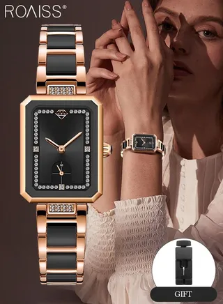 Women's Ceramic Strap Quartz Watch Analog Display Rectangle Black Dial Decorated with Rhinestones Waterproof Simple Stylish Wristwatch as Gift for Ladies 