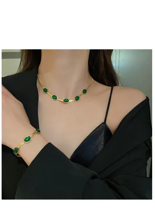 2 Pack Green Emerald Necklace Set Personalized Chain Titanium Steel Necklace with Bracelet Women Green Gemstone Clavicle Chain Set Adjustable Girl Choker Nice Jewelry Gift for Mom Wife Friends 