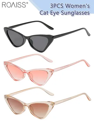 3PCS Women's Triangle Cat Eye Sunglasses, UV400 Protection Sun Glasses, Fashion Decorative Eyewear for Outdoor Party Street Photography, Black, Brown and Pink 