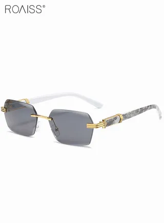 Women's Rimless Hexagon Sunglasses, with UV 400 Protective Lens and Marble Pattern Design on Arms, Stylish Eyewear for Travel Outdoor Activities, 59mm 