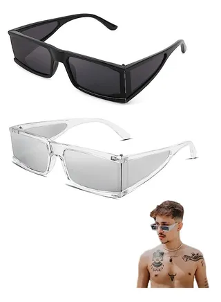 2 Deputy Kardashian the same style Sun Glasses Cool Futuristic Rectangular Sunglasses Cyber Men Women Punk Style Cosplay （Black +White transparent） 