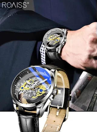 Men's Leather Strap Quartz Watch Analog Display Round Transparent Hollow Dial Imitating Mechanical Watch Design Waterproof Luminous Wristwatch as Gift for Men 