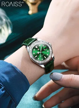 Women's Leather Strap Quartz Watch Analog Display Round Green Dial with Zirconium Diamond Decoration Waterproof Luxurious Wristwatch as Gift for Ladies 