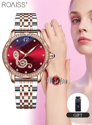 Women's Stainless Steel Strap Mechanical Watch Analog Display Round Red Dial Watch with Rhinestones Decoration Waterproof Luminous Luxurious Watch as Gift for Ladies 