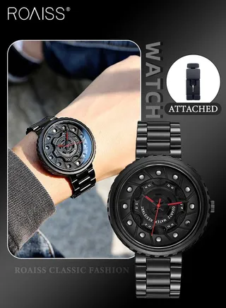 Men's Unique Steel Band Quartz Watch, Analog Display Round Wheel-design Dial, Stylish Waterproof Wristwatch with Alloy Case as Gift for Men 